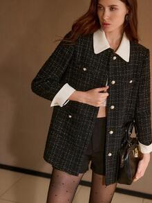 PREMIUM 女士优雅撞色滚边仿珍珠纽扣外套 - 黑色 - 查看 3