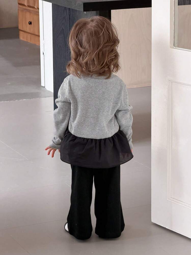 2pcs Baby Girls' Round Neck Contrast Color Heart Print Long Sleeve T-Shirt And Casual Flare Pants Set Toddler Girls Clothes
