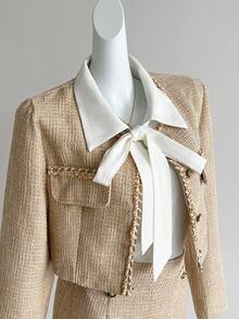 SHEIN Ladiora 两件套格子设计优雅女士外套和裙子套装，适合婚礼、约会和外出等场合。 - 淡黃色 - 查看 4