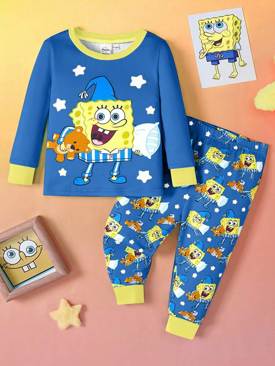 SpongeBob SquarePants | SHEIN 2件套男婴卡通图案圆领长袖上衣和裤子针织舒适休闲弹力睡衣套装 - 藍色 - 查看 1