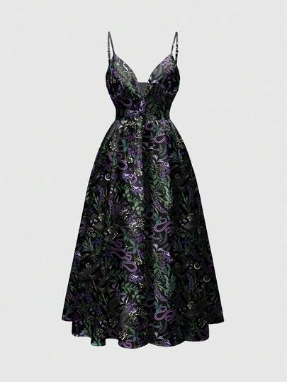 Goth فستان نسائي ذو حمالات رفيعة وقصة منخفضة بطبعات رومانسية للثعبان والنجوم السماوية، بطابع غوثي وسحري