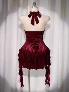 SHEIN ICON 大码女式荷叶边挂脖迷你连衣裙，秋冬 - 紅色 - 查看 2