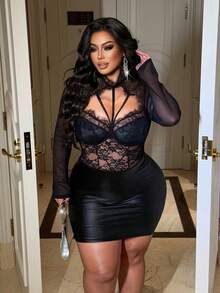 NU&NOW 女士休闲法式风格弹力腰带可调节针织连衣裙，百搭舒适，可内搭/外穿；年轻优雅性感蕾丝拼接长袖仿皮连衣裙，适合约会、度假等场合 - 黑色 - 查看 2