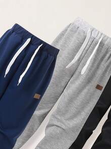 3pcs/Pack Tween Boys' Casual Plain Drawstring Waist Pants, School, Campus, College Fall Winter