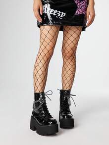 ROMWE Giày bốt cổ cao đế dày phong cách Punk dành cho nữ, giày bốt đế xuồng trang trí bằng kim loại Gothic, giày bốt chiến đấu thoải mái - màu đen - Xem 2