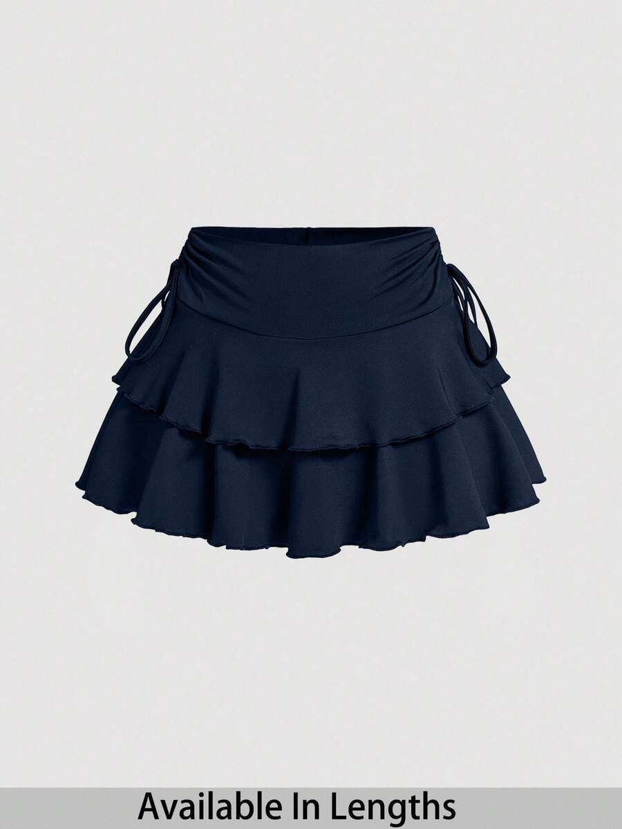 SHEIN PETITE CURVE 抽绳和折叠细节纯色蛋糕裙 - 寶藍色 - 查看 1