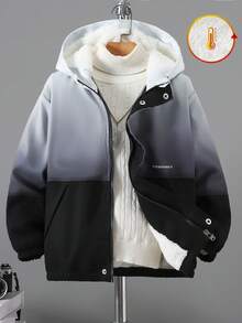 Vacaura 1pc Boys' Autumn/Winter Hooded Ombre Black & White Fleece Jacket, Suitable For Casual, Sports, Outdoor Activities For Big Kids Fall