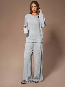 Lazeform 休闲舒适宽松罗纹浅灰色女士家居服套装，适合室内外穿着，休闲两件套舒适长袖家居服套装，冬季服装 - 灰色 - 查看 6