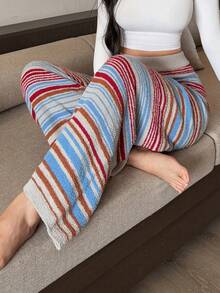 DAZY Rainbow Striped Knit Loose Pajama Pants, Autumn/Winter Loungewear - Multicolor - View 8