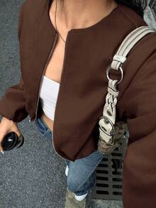 EMERY ROSE 纯色前拉链圆领长袖短款休闲外套 - 咖啡棕 - 查看 1