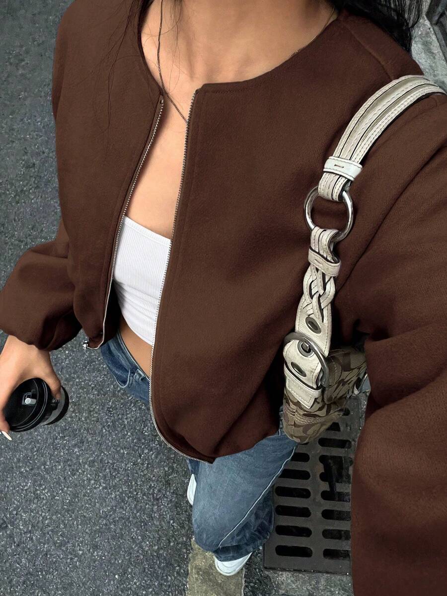 EMERY ROSE 纯色前拉链圆领长袖短款休闲外套 - 咖啡棕 - 查看 1