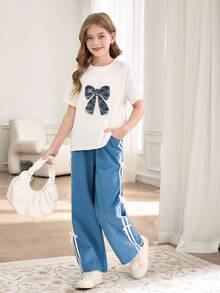 2pcs/Set Baju Anak Perempuan Atasan Berhiaskan Pita Rhinestone dan Celana Panjang Bergaris dengan Pita, Gaya Jalanan - Biru - View 6