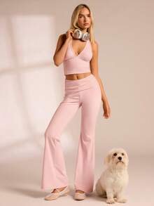 Glamine Women's New Arrival Sexy Sleeveless Deep V-Neck Crop Top, Fitted Flare Pants, 2 Piece Set, Suitable For Casual Exercise, Outdoor Sports, Yoga, Fitness - Pink - View 5