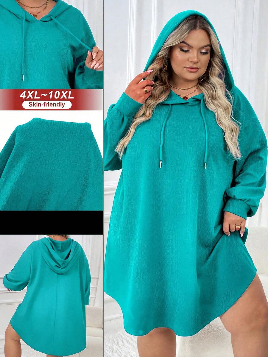 SHEIN CURVE+ Váy nỉ trùm đầu dáng rộng thể thao thường ngày cỡ lớn cho nữ có viền cong, mùa thu/đông - màu xanh lá - Xem 1