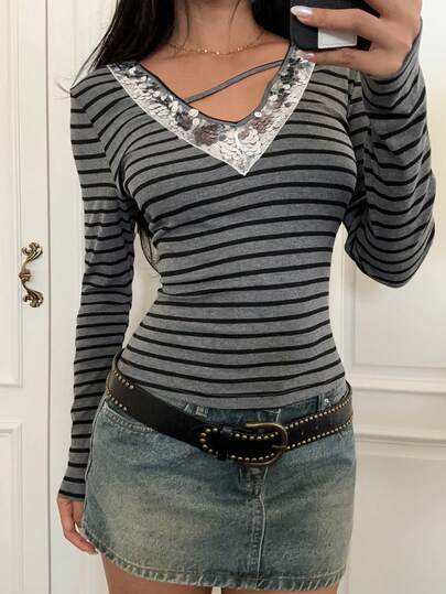 Zavorell Zielony Women's Elegant Y2K Millennium Sexy Spice Girl American Style V-Neck Sequined Fashionable, Slimming Long-Sleeved Blouse,New Casual And Sweet Spring And Autumn Daily Home T-Shirt For Women,Winter,Christmas New Year Thanksgiving