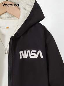 SHEIN Vacaura Tween Boy Letter Print Long Sleeve Thermal Lined Casual Hoodie Jacket, Autumn/Winter - Black - View 4