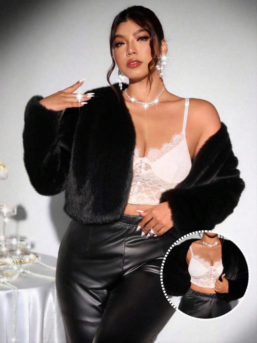 Firerie Áo khoác lông giả ngắn màu trắng thanh lịch cỡ lớn, thích hợp cho đám cưới, tiệc tùng, sinh nhật, mùa thu/đông, ngày lễ tình nhân, hòa nhạc, biểu diễn, hẹn hò, bữa tối trang trọng, dạ hội, đám cưới, gợi cảm, duyên dáng, trở lại trường, nữ thần văn phòng, phong cách nàng tiên cá, tiệc sinh nhật - màu đen - Xem 1