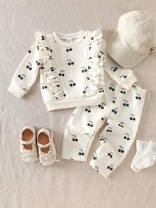 SHEIN 2pcs Baby Girl Cute Sweet Fashion Casual Cream White All Over Black Cherry Fruit Print Pattern Ruffle Trim Long Sleeve Round Neck Sweatshirt Pullover Tops And Elastic Waist Sweatpants Joggers Pants Two Pieces Outfit Sets Thick Soft Clothes For Daily Wear School Party Spring Fall Autumn Winter - Beige - View 7