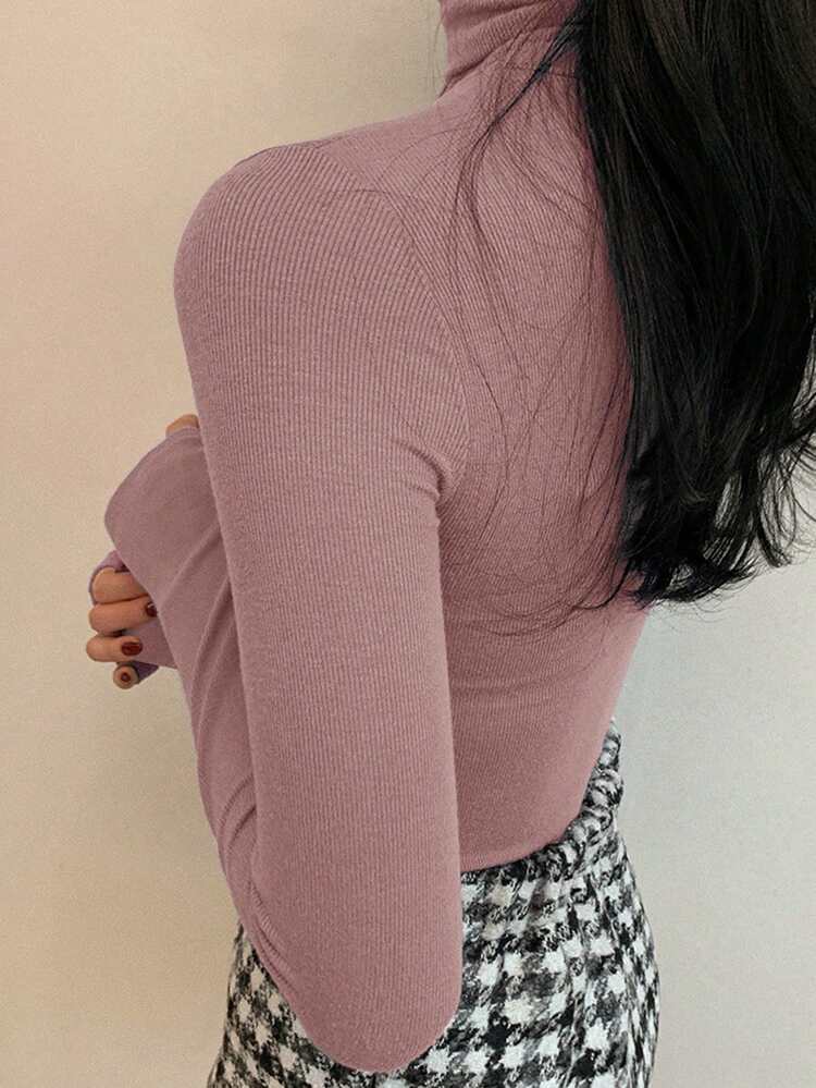 Women's Casual Solid Color Turtleneck Tight Fit Base Layer T-Shirt, Autumn/Winter