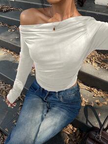 Flirla 純色不對稱領百褶短上衣 - 白色 - 查看 4