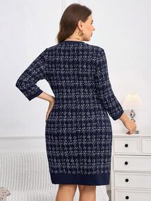 Miaspire Plus Size Women Plaid Round Neck 3/4 Sleeve Straight Casual/Work Dress - Navy Blue - View 2