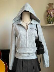 INAWLY Retro American Design Gray Hooded Zip-Up Sweatshirt - Light Grey - View 1