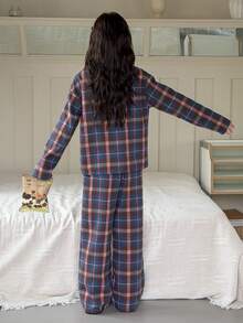 DAZY 少女格子印花长袖睡衣套装 - 棕色 - 查看 2