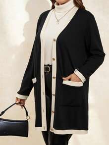 Chikora 大码女式优雅舒适金属纽扣长款保暖开衫，黑白配色，适合秋季穿着，女士防风外套，商务休闲女装 - 黑色 - 查看 7