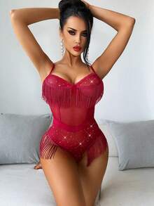 1pc Rhinestone Mesh Sexy Romper, Elegant Fringe Jumpsuit Wireless - Burgundy - View 5