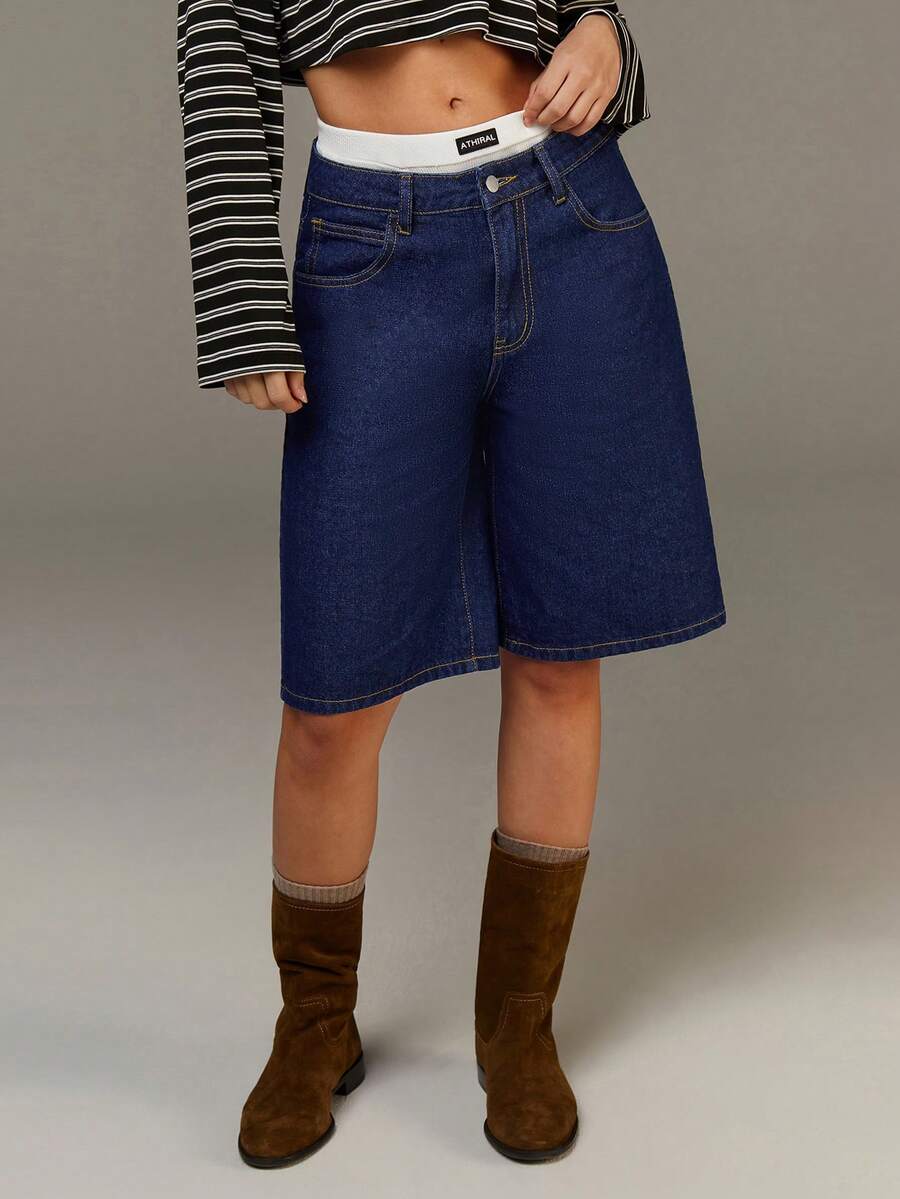 Athîral Women's Dark Blue Stretch Denim Bermuda Shorts, Classic Casual Jeans For Everyday Wear