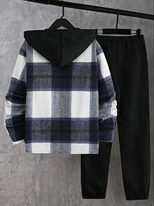 Vacaura 2 件套青少年休闲连帽格子外套和格子侧条纹运动裤，春秋季 - 彩色 - 查看 2