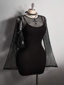 SHEIN ICON Bộ váy 2 mảnh bó sát lưới đen cỡ lớn, Y2K, Lễ hội âm nhạc - màu đen - Xem 4