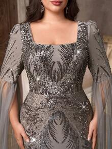 Aureia 大码优雅奢华灰色亮片刺绣圆领灯笼袖修身鱼尾裙，适合晚宴、约会、舞会、度假、婚礼、情人节等场合。 - 灰色 - 查看 3