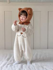 DAZY 女嬰卡通抓絨連身衣，舒適休閒韓風女嬰服飾幼兒 - 米色 - 查看 3