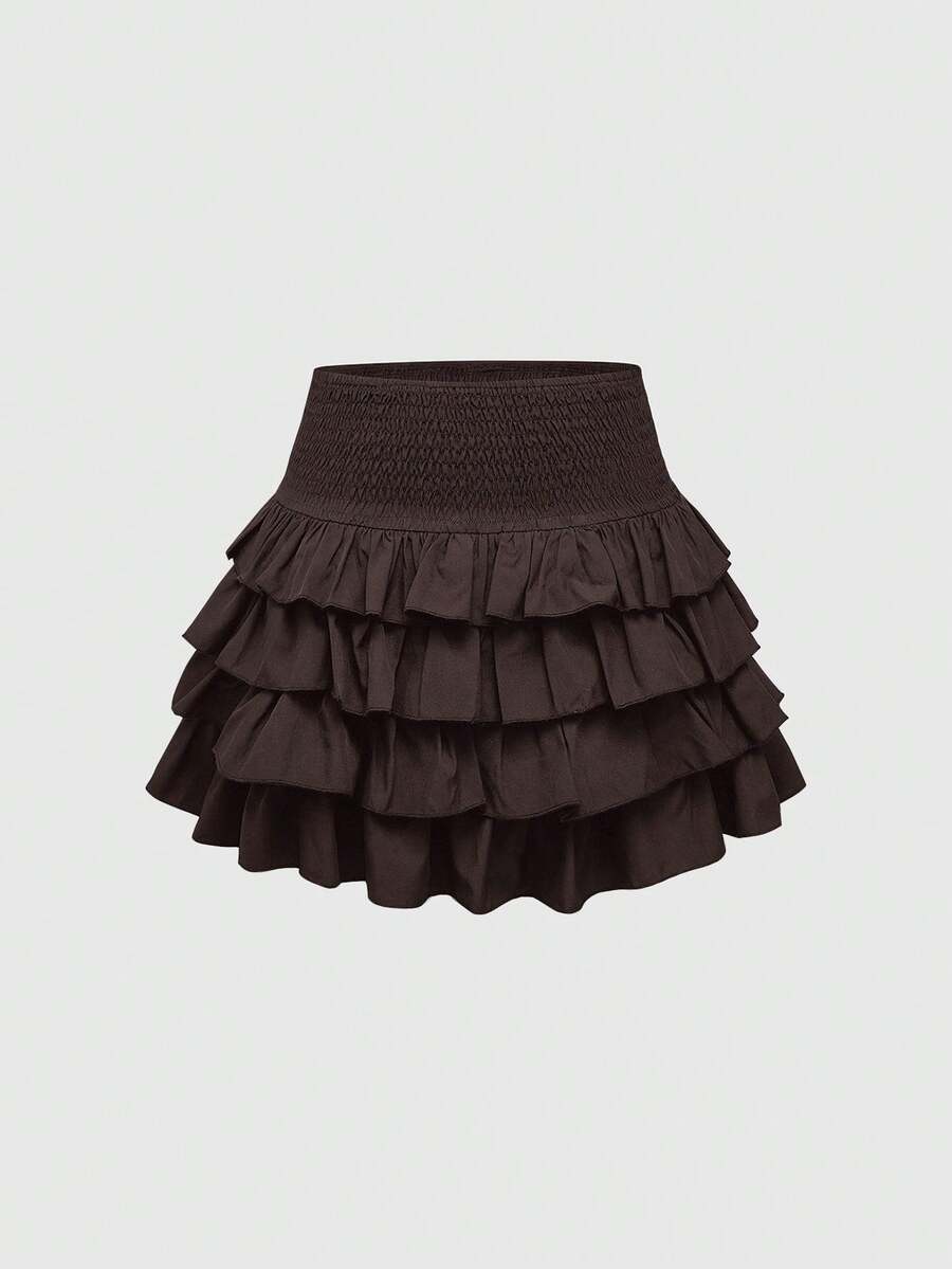 ROMWE J-Fashion Women's Solid Color Waist Gathered Cake Short Skirt - Brown - View 1