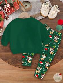 Baby Girl Christmas Outfit,Cute Modest Dark Green Autumn Reindeer Snowflake Fair Isle Knit Sweatshirt And Leggings Set For Matching Family Festive - Multicolor - View 3