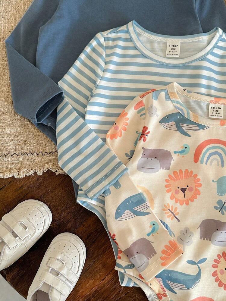 LMoss Kids LMoss 3枚セット ベビーボーイ かわいい 多機能 ニット エラスティック ボーダー 動物柄 長袖ボディスーツ オールマッチアウトフィット、快適な秋冬スタイル - マルチカラー - 見る 4