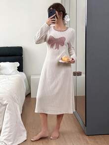 SHEIN Women's Textured Bow Embroidery Crew Neck Long Sleeve Pajamas, Autumn/Winter - Multicolor - View 5