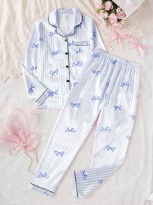 2pcs Women & Teen GirlElegant Plaid Satin Fabric Cardigan & Pants Casual Comfortable Pajama Set Bow Print Pajamas Teen Girls Pajamas-Pajama Set Notch Collar Long Sleeve Top With Bow Print Striped Lounge Pants Light Blue Piped Trim Home Wear All Season 2026 New Year Essential - Blue - View 7