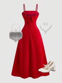 少女珍珠装饰腰部收紧优雅吊带背心连衣裙 - 紅色 - 查看 2