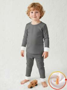 2 piezas Conjunto de ropa de estar en casa para niño pequeño con suéter de cuello redondo de punto elástico gris de tela polar gruesa y leggings - Multicolor - Ver 3