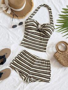 Soleia Women's Summer Beach Vacation Colorblock Striped Print Ruched Bust Halter Top And Shorts 2 Pieces Set - Multicolor - View 7