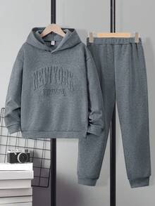 SHEIN Vacaura 2件套男童休闲连帽运动衫和运动裤针织套装，秋冬 - 灰色 - 查看 3