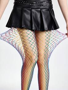 ROMWE Goth 1pair Women's White Asymmetrical Ripped Fishnet Stockings, All Seasons - Multicolor - View 3