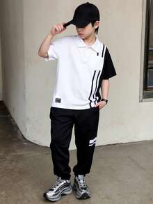 2pcs Boys' Fashionable Casual Polo Collar Shirt And Drawstring Waist Pants Set, Spring/Summer Boys Korean Fashion - White - View 1