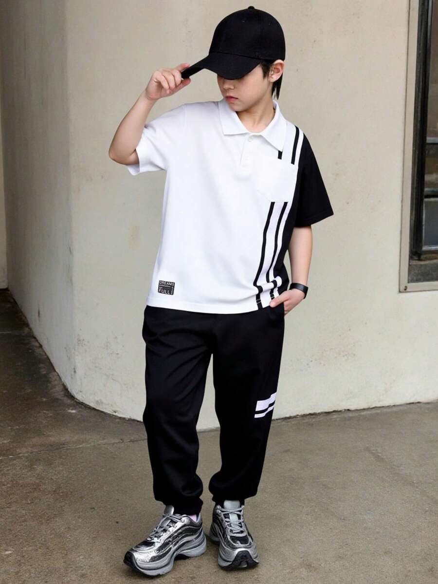 2pcs Boys' Fashionable Casual Polo Collar Shirt And Drawstring Waist Pants Set, Spring/Summer Boys Korean Fashion - White - View 1