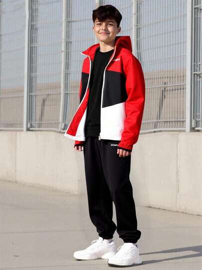 Vacaura 2 st/set Casual Tonårspojkar Hoodiejacka med Färgblock och Bokstavstryck & Joggingbyxor med Resår i Midjan, Lös Passform, Mångsidig För Vardagskläder, Pendling, Utomhus, Sport, Skola, Streetwear, Fest, Lämplig För Höst, Vår, Vinter