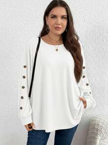 SHEIN LUNE Koszulka damska w jednolitym kolorze, luźna, z długim rękawem i dużym rozmiarem