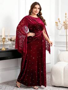 Reflora 大码优雅派对蕾丝拼接串珠装饰连衣裙 - 紅色 - 查看 5