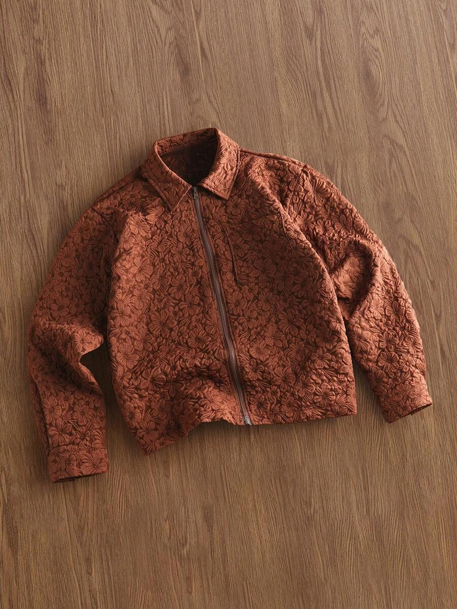 TOKVUE Herren Blumen Jacquard Reißverschluss Kragen Lässig Pendler Hemd Vintage Hemd Braunes Hemd Blumenhemd Kurzes Hemd Reißverschluss Hemd, Langarm Oberteil